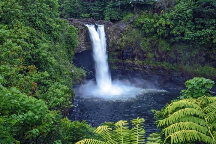 a large waterfall in a forest with Rainbow Falls in the background